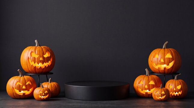 Group of carved glowing jackolantern halloween pumpkins surrounding an empty black circular display stand on dark surface