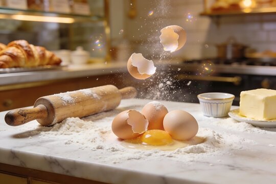 Eggs rest on a floured marble pastry counter with butter and rolling pin in a classic French patisserie kitchen setting