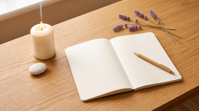 Open notebook with pen, candle, and lavender sprigs on wooden desk for journaling or planning