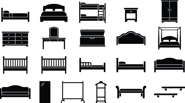 Bedroom Furniture Silhouette Icon Collection with Bed Wardrobe and Dresser Symbols for Interior Graphic Design Projects