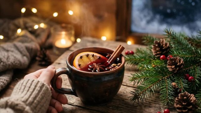 Hand in knitted sweater holding cup of hot mulled wine with orange, cinnamon and anise on rustic wooden table. Fir branches, pinecones, candle and garland lights. Cozy winter Christmas drink concept