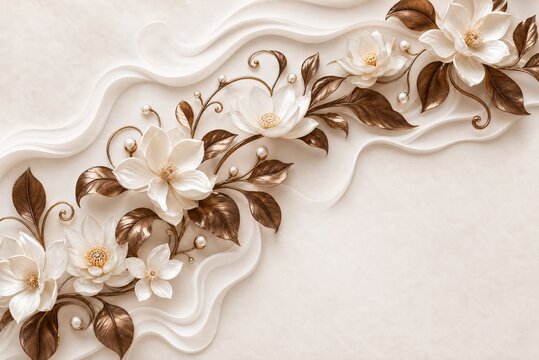 White and Chocolate Floral 3D Wall Sticker with Ornamental Relief Variation 23