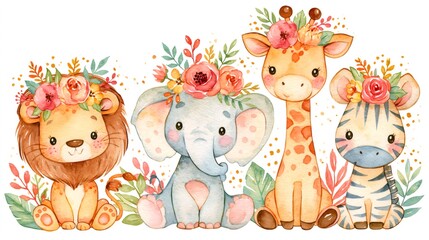 Fototapeta premium Cute safari animals wearing floral crowns in watercolor