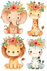 Fototapeta premium Cute safari baby animals wearing floral crown watercolor
