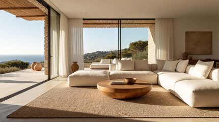 Obraz premium Modern living room with large sectional sofa, natural fiber rug, and wooden coffee table. Expansive glass doors open to sea views and Mediterranean landscape, sunlit interior.