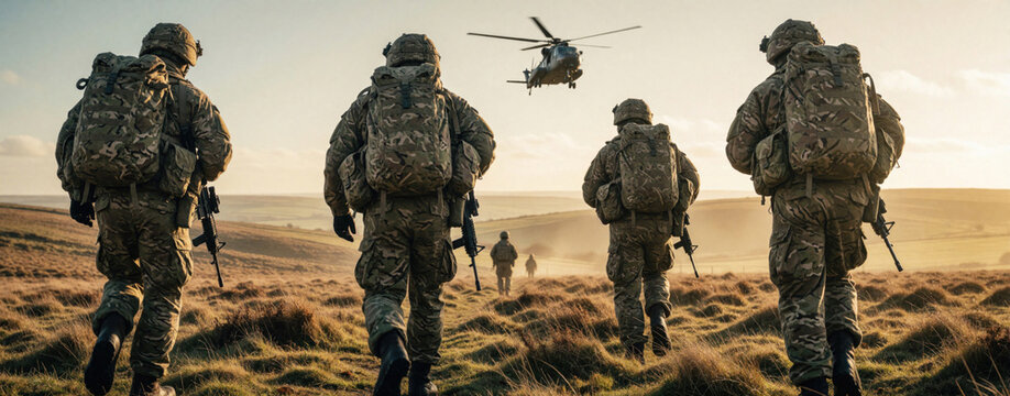 British army soldiers march through green countryside with heavy bergens. Military troops carry large backpacks, rifles during field training. Helicopter flies in sky over hills. Soldiers walk across