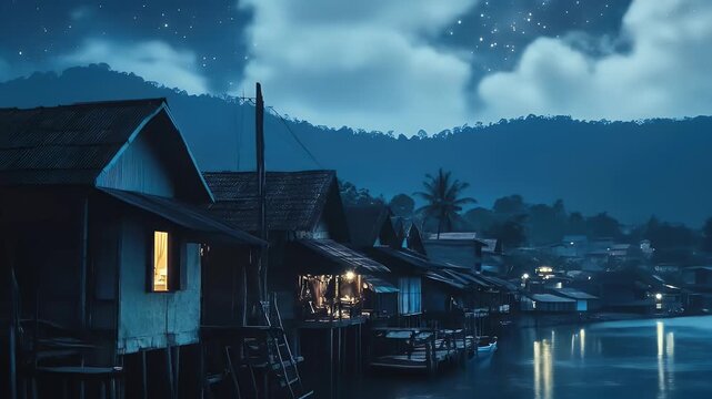 Waterside stilt houses at night, starry sky, reflections