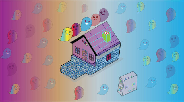 Ghost-themed house-shaped pen drive with colorful ghost characters, gift box and playful isometric design for digital storage concept
