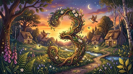 Obraz premium Magical fantasy illustration of a large number three crafted from blooming tree vines standing in a fairy tale village landscape with glowing fireflies, birds, and cozy cottages at sunset