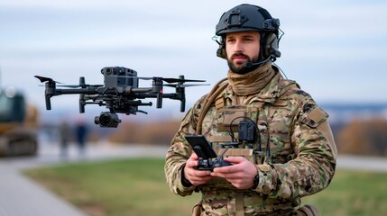 Obraz premium Soldier operating drone for surveillance and security operations