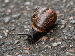Garden snail with brown spiral shell crawling slowly on asphalt ground © IMRAN_IM33
