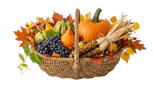 Wicker basket filled with pumpkins, gourds, grapes, and corn isolated on transparent background