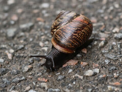 Garden snail with brown spiral shell crawling slowly on asphalt ground