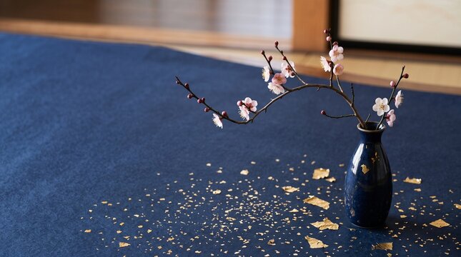 和紙に置いた梅の枝の正月飾り　紺と金