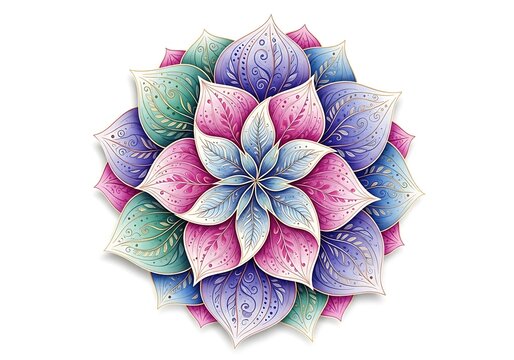 Colorful floral mandala design with intricate leaf patterns and vibrant watercolor petals