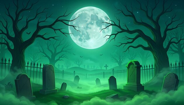 A spooky, vibrant green-toned Halloween backdrop featuring a graveyard and burial ground, complete with a large full moon, tree silhouettes, and fog-covered ground.