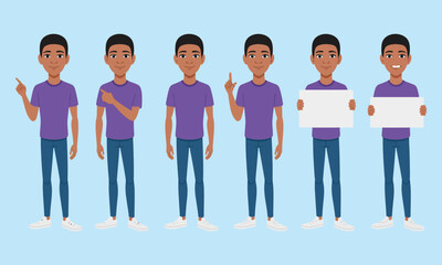 Fototapeta premium Young man in purple t-shirt and blue jeans displaying various gestures and holding blank white boards on light blue background
