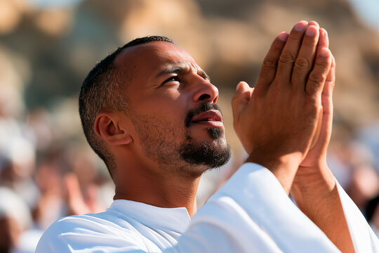 Muslim Pilgrim Raising Hands in Prayer at Mount Arafat During Hajj Pilgrimage