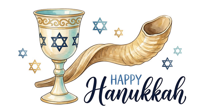 Happy Hanukkah Illustration with Shofar and Kiddush Cup