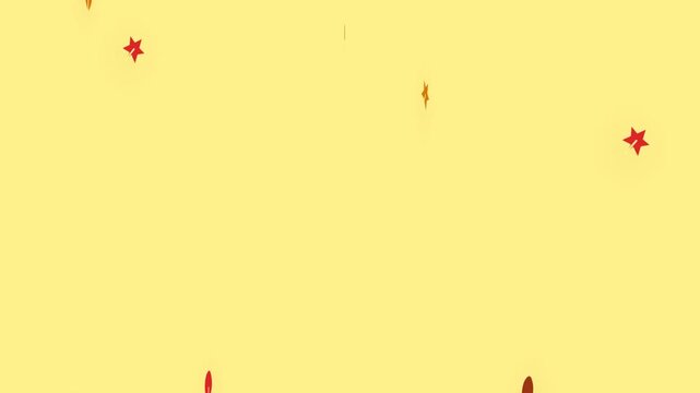 Falling red stars and orange leaves on a bright yellow background.