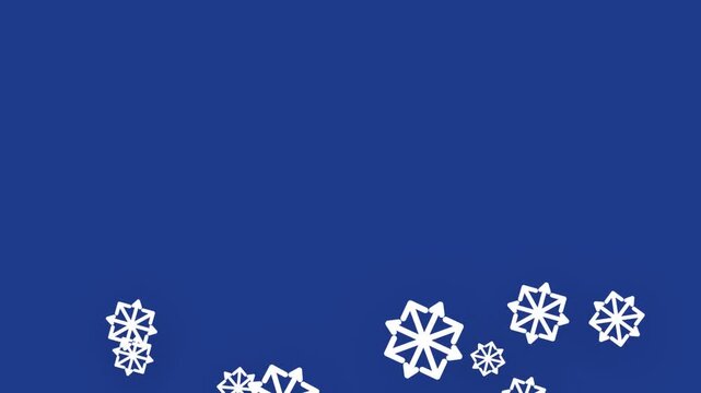 White snowflakes rising on a solid blue background