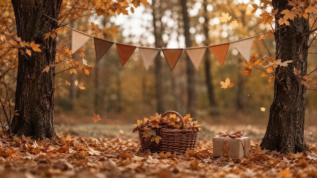 Festive garland with flags hanging between trees in autumn forest with basket of maple leaves and gift box. Children birthday party decoration in fall park. Outdoor celebration concept
