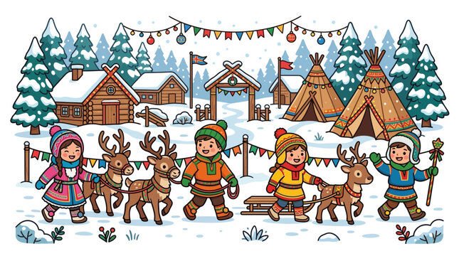 Snowy village with traditional huts and reindeer.