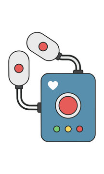 Minimalist medical defibrillator device with electrode pads arranged in a clean flat layout for healthcare and emergency response safety concept