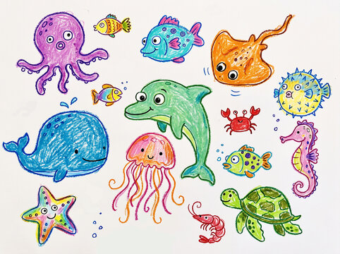 Cute hand drawn cartoon sea animals and ocean creatures collection