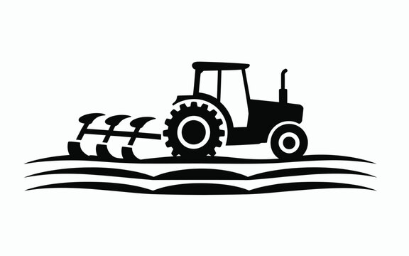 Tractor plowing field vector silhouette isolated on white background for farm agriculture and soil cultivation logo design illustration