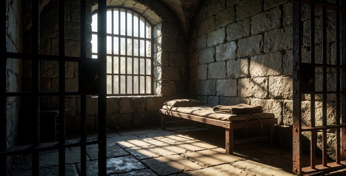Empty prison cell with stone walls, rusty iron bars. Small window with metal grille lets light into dark room. Single bed sits in lonely jail room. Concept of isolation, incarceration, punishment in