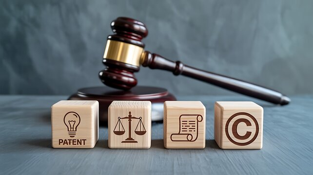 Legal concept with judge gavel and blocks representing patent, justice, documents and copyright protection