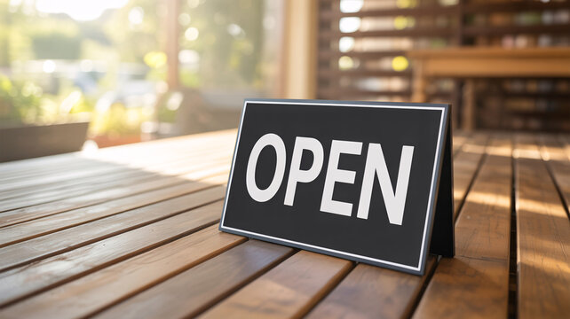 Modern black open sign on wooden cafe table, small business reopening concept, sunny outdoor restaurant terrace with welcome signage