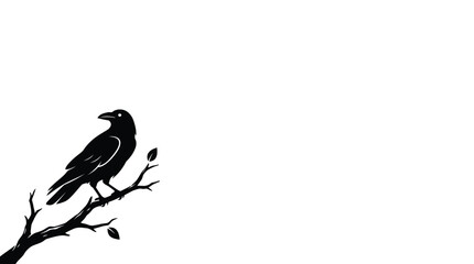Fototapeta premium Gothic black raven silhouette on a tree branch, hand-drawn crow illustration, dark bird vector for spooky halloween and nature graphics isolated on White Background editable eps