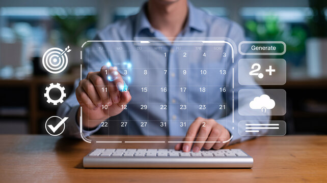 Futuristic digital calendar interface, businessman managing schedule with holographic HUD, virtual task planner and time management concept