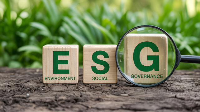 ESG wooden blocks with magnifying glass, environment social governance concept, sustainable corporate responsibility in nature