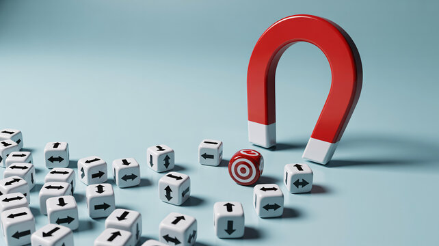 Red horseshoe magnet attracting target dice, business marketing strategy concept, customer acquisition and lead generation metaphor