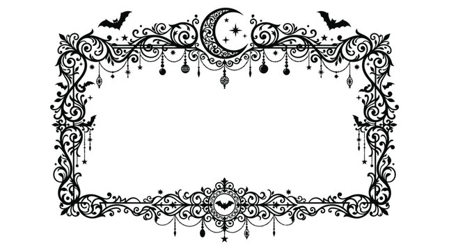 Halloween Decorative Top Border &ndash; Gothic Halloween border vector, spooky vintage frame with crescent moon and bats, ornate victorian filigree decorative edge for invitations isolated on White