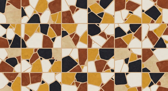 Abstract mosaic pattern of irregular stone fragments in yellow brown and black texture background