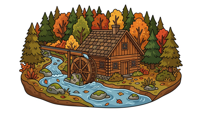Cartoon water mill cabin in autumn forest by a stream