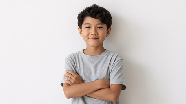 Confident Asian boy with arms crossed, smiling young male student in grey t-shirt, happy preteen child portrait on white background