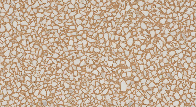 Beige and white terrazzo pattern with irregular stone fragments and brown grout texture background