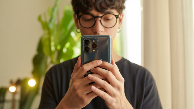 Young man with glasses using smartphone at home, gen z male browsing mobile phone, digital lifestyle and social media concept