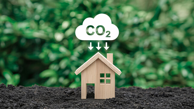 Carbon footprint reduction concept, wooden house model on soil with CO2 cloud icon, sustainable eco-friendly housing