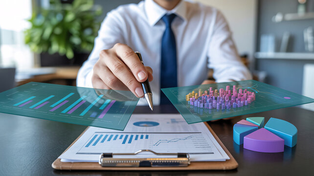 Professional businessman analyzing financial data charts, executive manager working with holographic business graphs and statistics