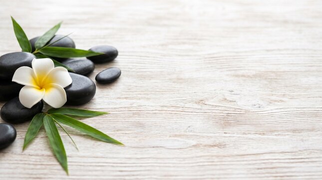 Zen massage stones with frangipani flower and bamboo leaves on light wooden background with copy space