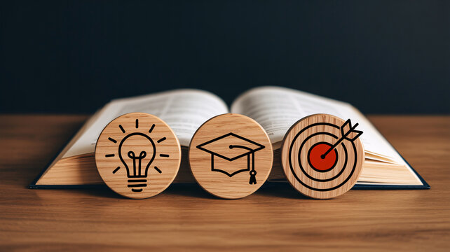 Educational goal setting wooden icons on desk. Academic success and creative idea symbols. Open book background for learning and career growth.