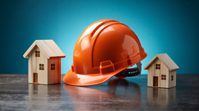 Orange hard hat with wooden house models, construction safety and residential building concept, industrial site protection gear