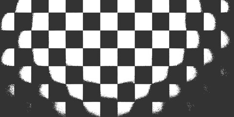 Obraz premium Optical illusion checkerboard background with 3D distorted sphere effect and grunge texture vector illustration.