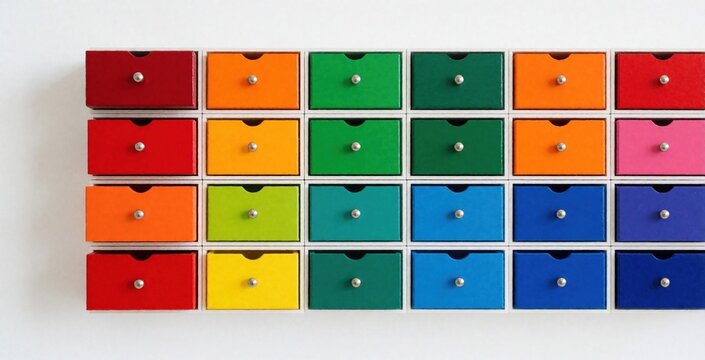 Sixteen miniature colorful drawers arranged in rows on white wall. Bright rainbow palette colors small storage cabinet. Tiny wooden organizer boxes with metal knobs create vibrant pattern. Minimalist
